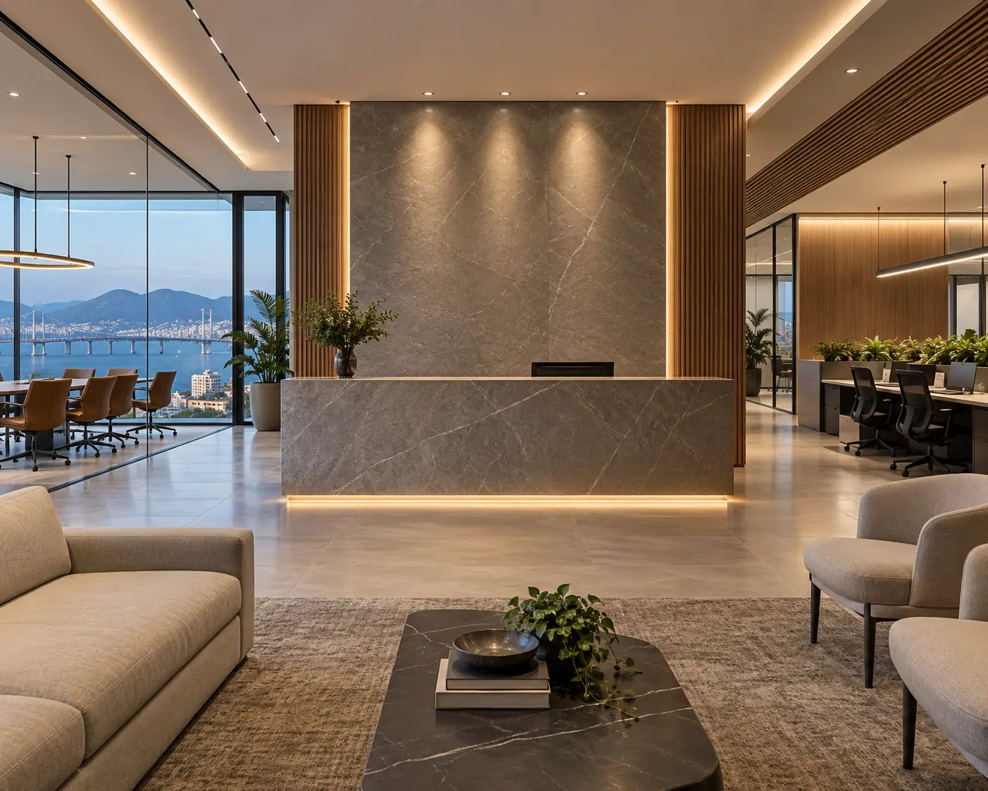 Escritório corporativo com iluminação arquitetural executada para projeto de alto padrão